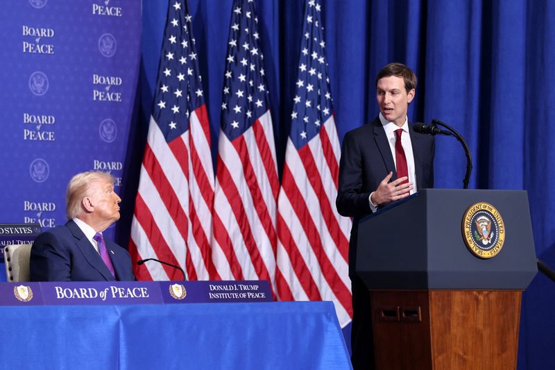 U.S. President Donald Trump listens, as his son-in-law Jared Kushner speaks, during the inaugural Board of Peace meeting at the U.S. Institute of Peace in Washington, D.C., U.S., February 19, 2026. REUTERS/Kevin Lamarque