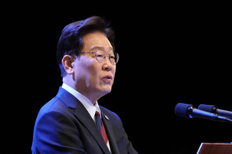 South Korean President Lee Jae Myung speaks during a ceremony to celebrate the 81st anniversary of the Korean Liberation Day in Seoul, South Korea, Saturday, Aug. 15, 2026.  Lee Jin-man/Pool via REUTERS