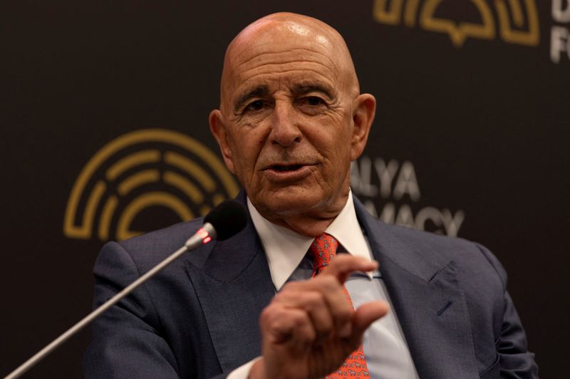 FILE PHOTO: U.S. Special Envoy for Syria and Ambassador to Turkey Tom Barrack speaks during a session at Antalya Diplomacy Forum in Antalya, Turkey, April 17, 2026. REUTERS/Umit Bektas/File Photo