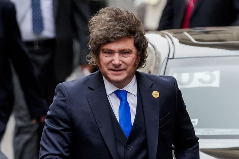 FILE PHOTO: Argentina's President Javier Milei arrives at Torre Tagle Palace, on the day of Peru's President-elect Keiko Fujimori swearing-in ceremony, in Lima, Peru, July 28, 2026. REUTERS/Angela Ponce/File Photo