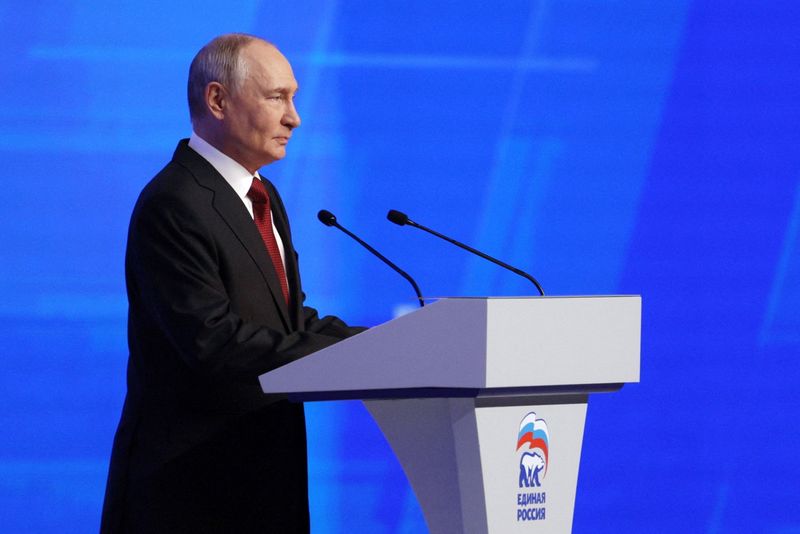 Russian President Vladimir Putin addresses delegates from the United Russia party as he attends the party's congress ahead of the upcoming parliamentary elections in Moscow, Russia, August 22, 2026. Sputnik/Gavriil Grigorov/Pool via REUTERS
