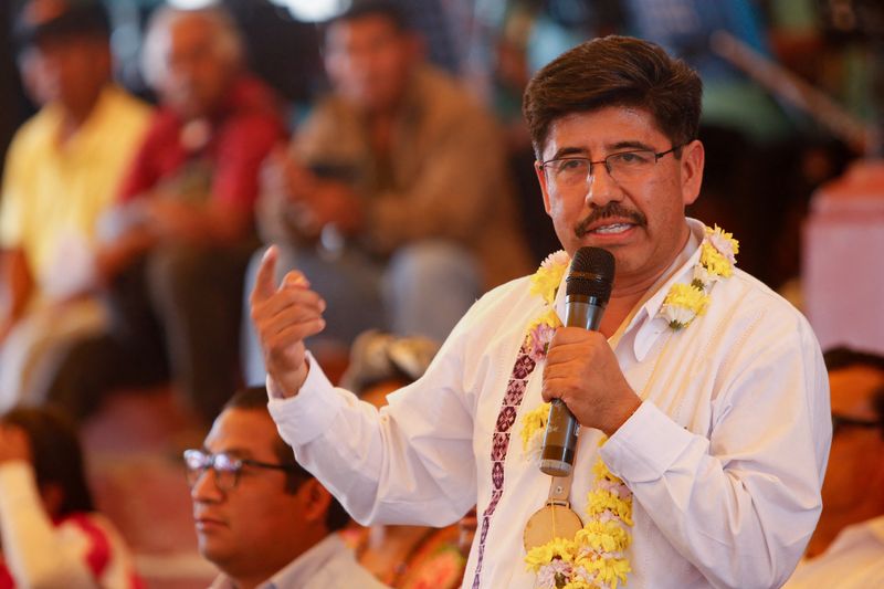 Indigenous lawyer and Human Rights defender, Hugo Aguilar, delivers a speech during a rally in support of his candidacy as Justice of Mexico's Supreme Court of Justice (SCJN), ahead of the judicial and magistrate election, in San Agustin Tlacotepec, Oaxaca state, Mexico May 28, 2025. REUTERS/Jorge Luis Plata