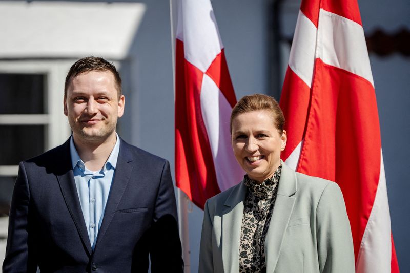 FILE PHOTO: Prime Minister Mette Frederiksen receives Greenland's Prime Minister Jens-Frederik Nielsen ahead of a meeting at Marienborg in Kongens Lyngby, Denmark, April 27, 2025. Ritzau Scanpix/Mads Claus Rasmussen via REUTERS/File Photo