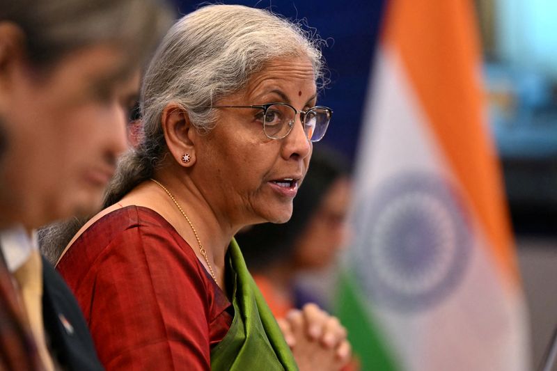 India's Finance Minister Nirmala Sitharaman speaks during an India-UK Economic and Financial Dialogue (EFD), at the London Stock Excahnge Group (LSEG) in central London, Britain, April 9, 2025. JUSTIN TALLIS/Pool via REUTERS/File Photo