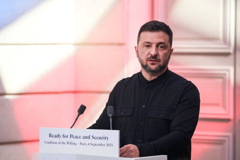 FILE PHOTO: Ukrainian President Volodymyr Zelensky speaks during a press conference following a Coalition of the Willing Summit at the Elysee presidential Palace, in Paris, France on September 4, 2025.  LUDOVIC MARIN/Pool via REUTERS/File Photo