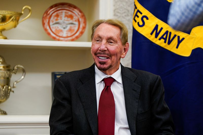 FILE PHOTO: Larry Ellison reacts, at the White House, in Washington, U.S. February 3, 2025. REUTERS/Elizabeth Frantz/File Photo