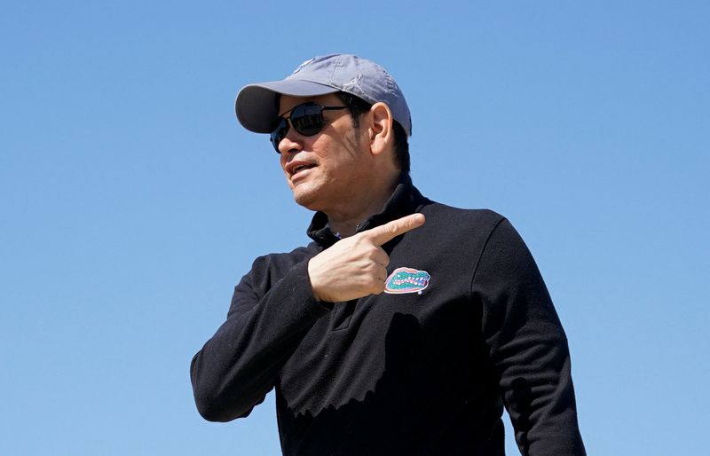 U.S. Secretary of State Marco Rubio points while walking on the tarmac, as he departs for Israel at Joint Base Andrews, Maryland, U.S., September 13, 2025. REUTERS/Nathan Howard/Pool