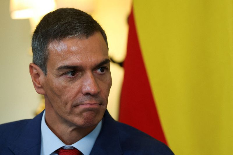 FILE PHOTO: Spanish Prime Minister Pedro Sanchez looks on during a meeting with British Prime Minister Keir Starmer (not pictured) inside 10 Downing Street, in London, Britain, September 3, 2025. REUTERS/Toby Melville/File Photo