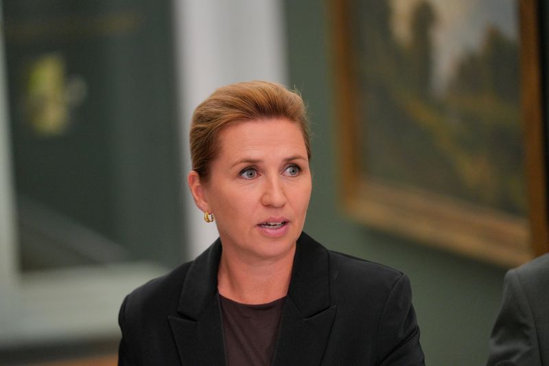 Prime Minister Mette Frederiksen, Deputy Prime Minister and Minister of Defense Troels Lund Poulsen (not pictured), and Minister of Foreign Affairs Lars Loekke Rasmussen (not pictured) hold a doorstep on defense measures, as a result of the security situation, at the Prime Minister's Office, Copenhagen,Denmark, September 17, 2025.  Emil Helms/Ritzau Scanpix/via REUTERS