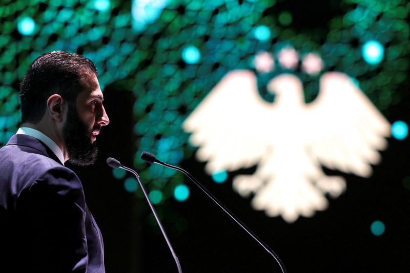 FILE PHOTO: Syrian President Ahmed al-Sharaa speaks at the opening ceremony of the 62nd Damascus International Fair, the first edition held since the fall of Bashar al-Assad’s regime, in Damascus, Syria, August 27, 2025. REUTERS/Khalil Ashawi/File Photo