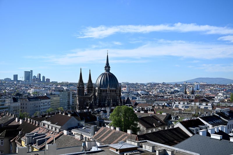 FILE PHOTO: A general view of the cityscape of Vienna with the Maria vom Siege church in front, Austria, April 16, 2025. REUTERS/Elisabeth Mandl/File Photo