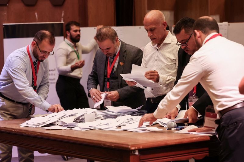 Members of electoral colleges count votes, on the day they vote for candidates of the new Syrian Parliament since Bashar al-Assad's government was toppled, in Aleppo, Syria, October 5, 2025. REUTERS/Mahmoud Hassano
