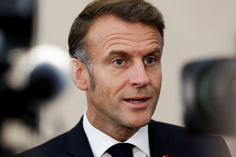 France's President Emmanuel Macron speaks to members of the media at the European Political Community summit in Copenhagen, Denmark, October 2, 2025. REUTERS/Leonhard Foeger