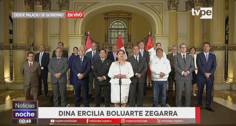 Dina Boluarte speaks during an address to the nation after Peru's Congress voted unanimously on Friday to remove her as president, in Lima, Peru, October 10, 2025, in this still image taken from video.  Peruvian Presidency via Reuters TV/Handout via REUTERS