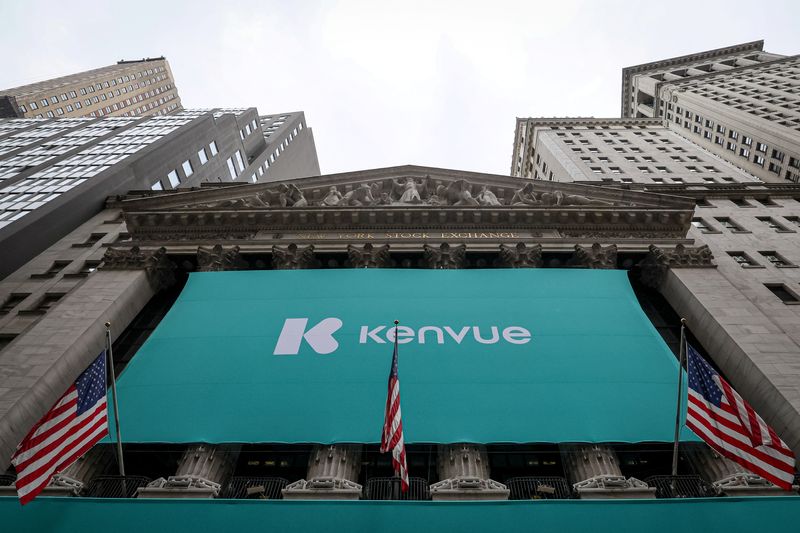 The company logo for Kenvue Inc. Johnson & Johnson's consumer-health business, is displayed on during the company's IPO at the New York Stock Exchange (NYSE) in New York City, U.S., May 4, 2023.  REUTERS/Brendan McDermid