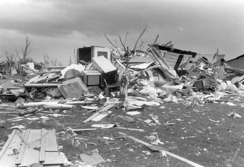 The David Leintz home, 116 Pilgrim St., is reduced to rubble from the late-afternoon tornado which ripped through the town of Greenville. A tornado touched down around 3:45 on April 27, 1984, in Winnebago County's town of Clayton. Traveling a northeast path into southern Outagamie County, it struck the Outagamie Airport and then continued toward Freedom. Post-Crescent photo by Ed Deschler.
