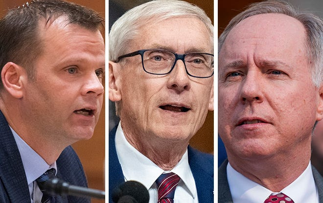(From left) Senate Majority Leader Devin LeMahieu, Gov. Tony Evers, Assembly Speaker Robin Vos.