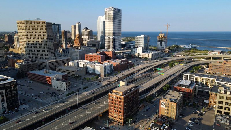 The city of Milwaukee skyline along Interstate 794 (I-794) on Monday, July 10, 2023.