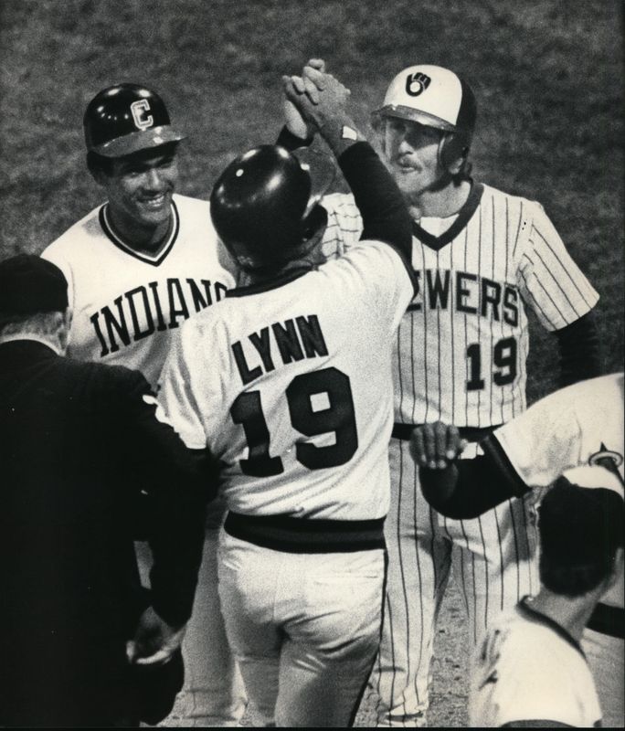 Robin Yount (right) and Manny Trillo welcome Fred Lynn at home plate after his grand slam in the 1983 all-star game. Rod Carew was also on base for the only grand slam in All-Star Game history.