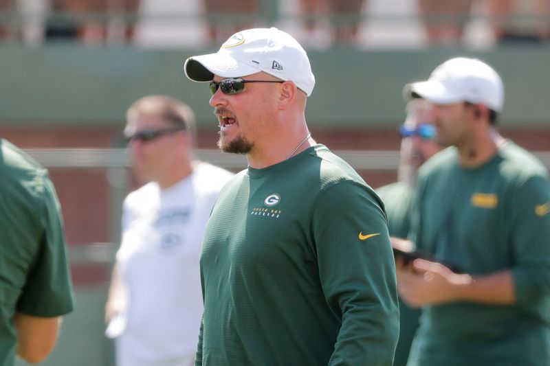 Packers offensive coordinator Nathaniel Hackett during a joint training camp practice with the Houston Texans at Ray Nitchske Field Tuesday, August 6, 2019, in Ashwaubenon, Wis.