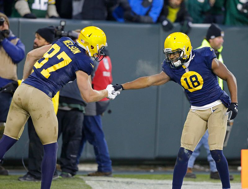 Green Bay Packers wide receivers Jordy Nelson and Randall Cobb celebrate Nelson's touchdown.