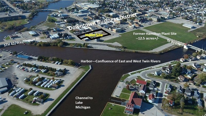 Aerial vew of former Hamilton site in downtown Two Rivers