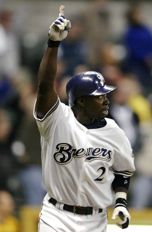 Bill Hall reacts to his ninth-inning two-run homer to beat Cincinnati on Tuesday, April 27, 2004.