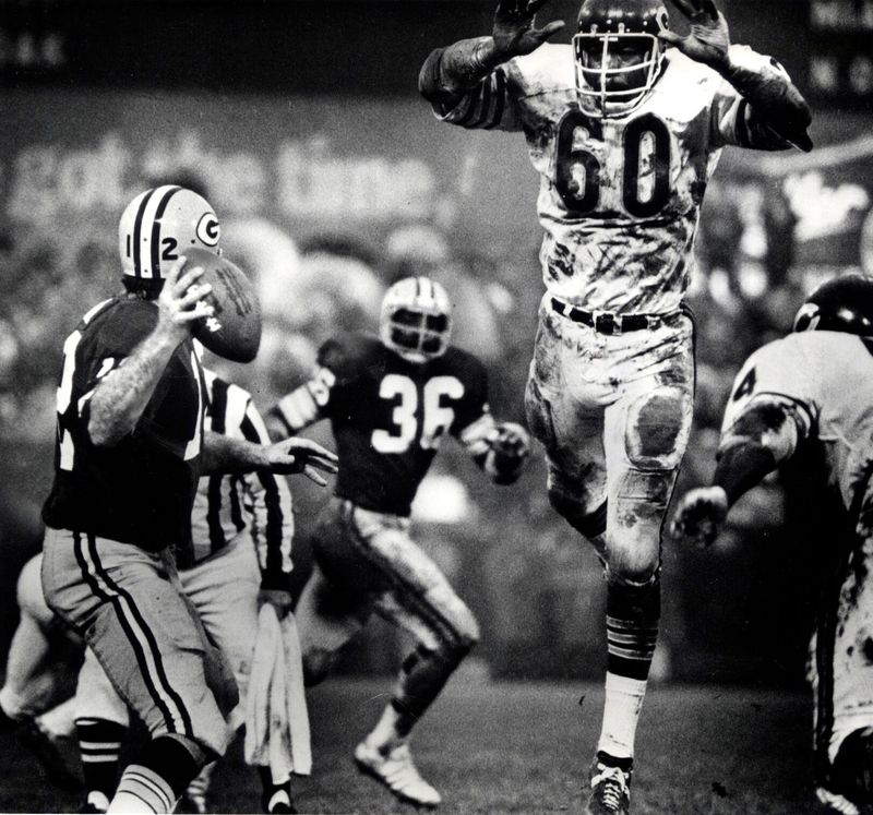 The Bears' Wally Chambers (60) rushed Packer quarterback John Hadl during a game on November 10, 1974. The Packers won 20-3.