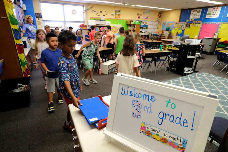 Third grade students turn in their back to school night paperwork during the first day of school at Huntley Elementary School Tuesday, Sept 5, 2023, in Appleton, Wis. Lori Kruepke is their teacher.