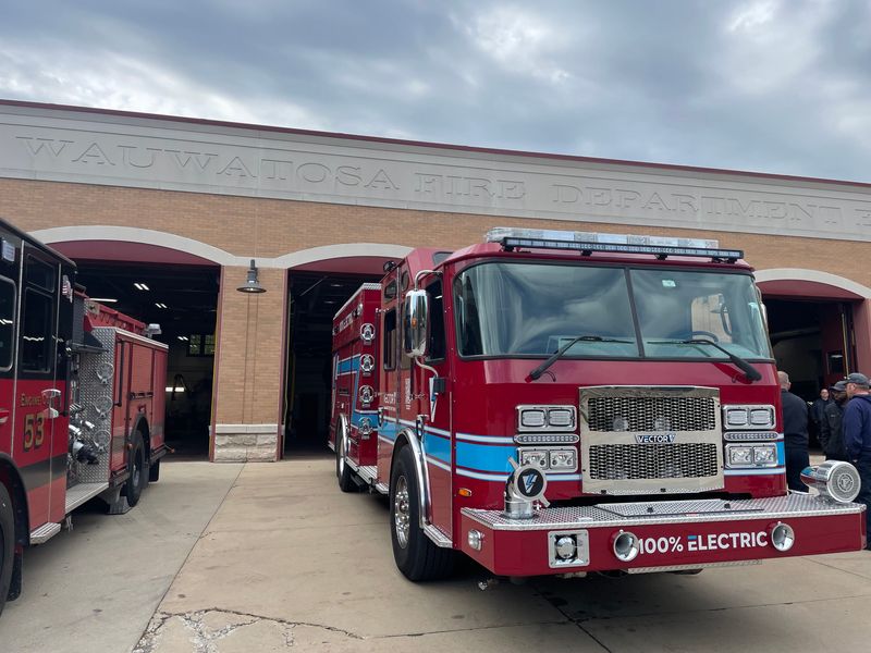 The Vector electric firetruck that stopped by the Wauwatosa Fire Department on Wednesday is designed by REV Group, a Brookfield-based emergency and fire vehicle manufacturer. Wauwatosa fire chief Jim Case said the department won't buy an electric truck anytime soon, but he's interested in the diesel-saver in the future.