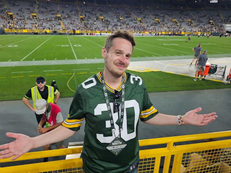 Tom Grossi, winner of the 2023 NFL Fan of the Year contest, at Lambeau Field.