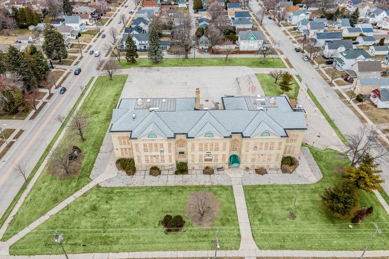Aerial view of former McKinley School, 1010, Huron St., Manitowoc