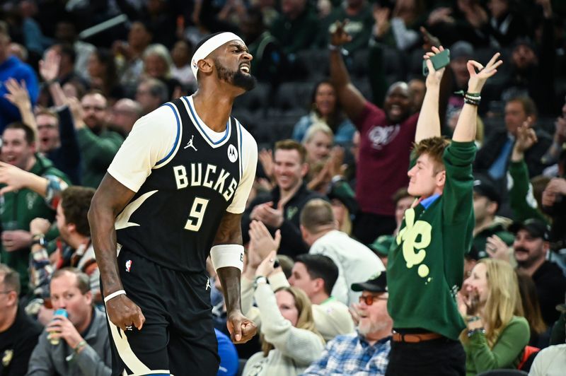 Milwaukee Bucks forward Bobby Portis (9) celebrates a three-pointer against the Cleveland Cavaliers in the first half of their game Friday, January 26, 2024, at Fiserv Forum in Milwaukee, Wisconsin.