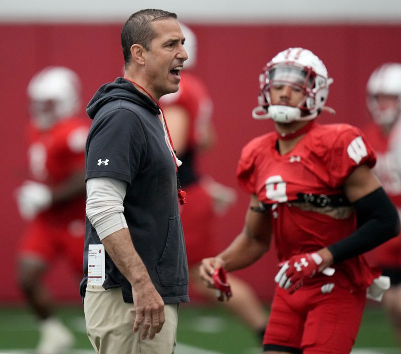 Wisconsin head coach Luke Fickell is shown during spring football practice Thursday, April 25, 2024 in Madison, Wisconsin. The Wisconsin Badgers football team plays their season opener against Western Michigan on August 31.