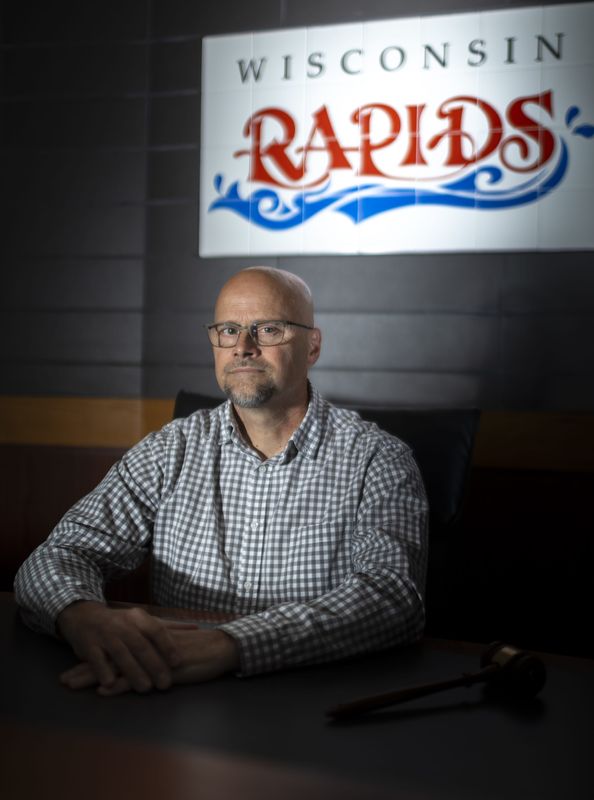 Mayor Matt Zacher sits in his place in the Council Chambers at City Hall in Wisconsin Rapids, Wisconsin, on Wednesday, May 15, 2024.