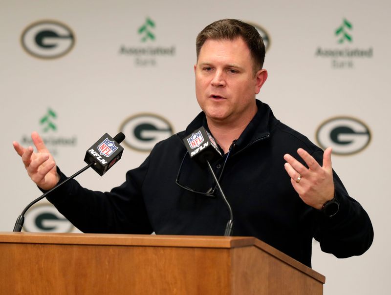 Green Bay Packers General Manager Brian Gutekunst talks to the media about the 2022 NFL Draft on April 25, 2022, at Lambeau Field in Green Bay, Wis.