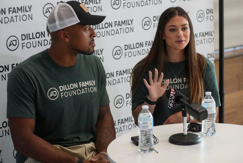 AJ and Gabrielle Dillon answer questions about their new charity initiative, ÒCarry for a Cause,Ó on Wednesday, September 11, 2024, at the U.S. Venture Center in Ashwaubenon, Wis. The Dillon Family Foundation is pledging to donate a backpack of food to a child in need for each yard that Packers players rush for during home games in the 2024 season.
Tork Mason/USA TODAY NETWORK-Wisconsin