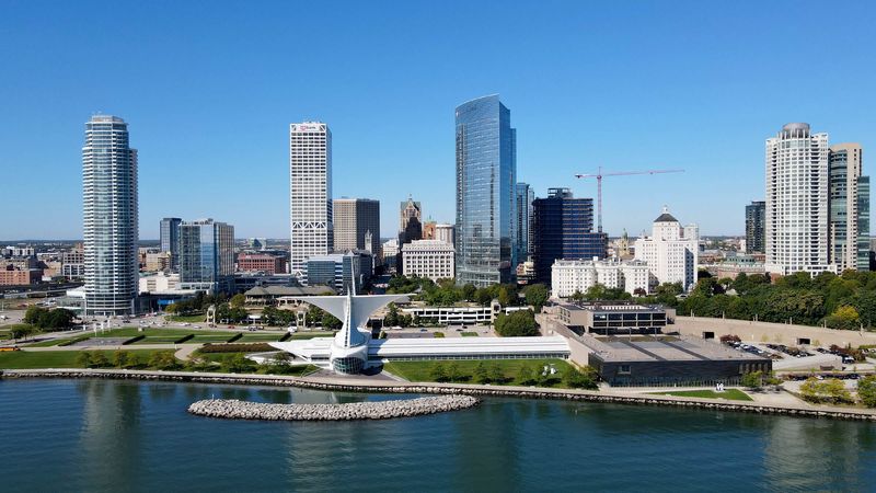 The downtown skyline including (from left to right) the Couture skyscraper, the US Bank building, the Northwestern Mutual building, the Milwaukee art Museum, Cudahy Tower, and the University Club Tower and Kilbourn Tower in Milwaukee on Wednesday, Sept. 25, 2024.
