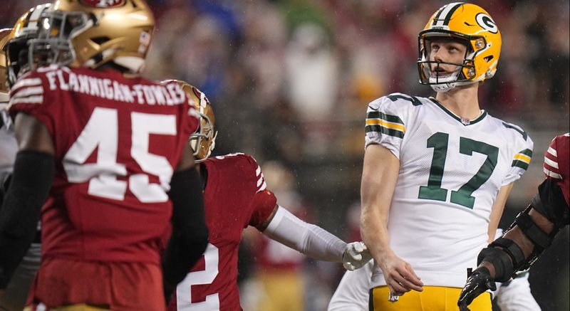 Anders Carlson watches a field goal during the Green Bay Packers' NFC divisional round playoff game on Jan. 20, 2024. It was Carlson's last game with the Packers.
