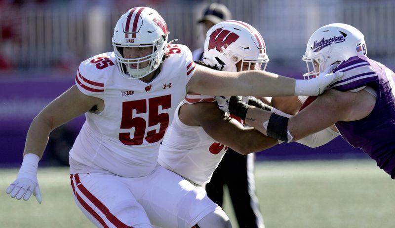 Wisconsin offensive lineman Kevin Heywood (55) is shown during the fourth quarter of their game Saturday October 19, 2024 at Lanny and Sharon Martin Stadium in Evanston, Illinois. Wisconsin beat Northwestern 23-3.