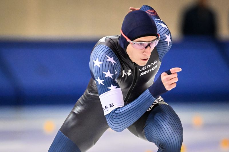 Jordan Stolz takes off in the 500 meters in the U.S. long-track championships Friday, November 1, 2024, at the Pettit National Ice Center in Milwaukee, Wisconsin.