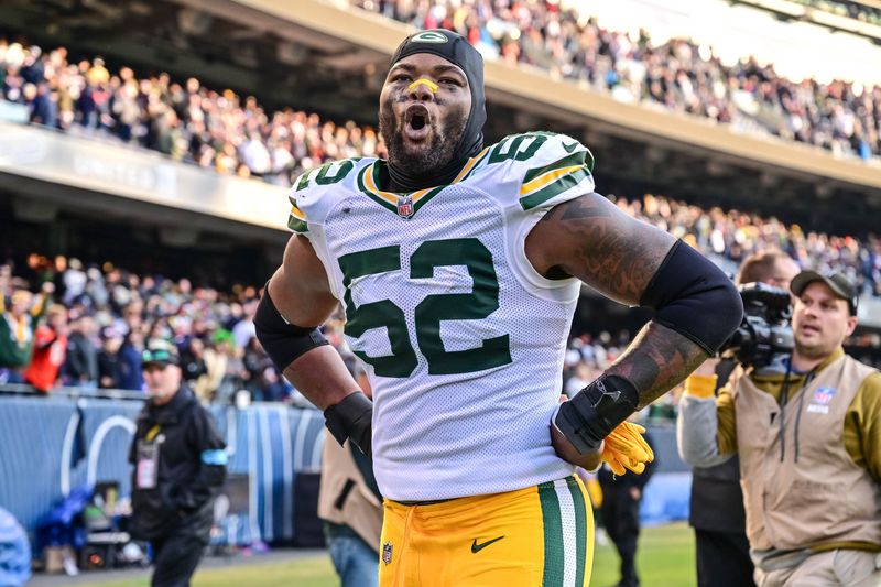 Green Bay Packers defensive end Rashan Gary celebrates after Sunday's game against the Chicago Bears at Soldier Field,