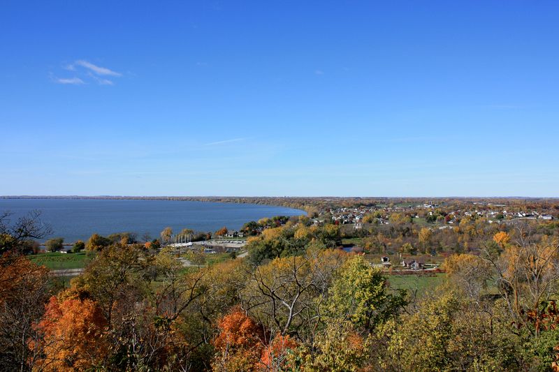 The 40-foot observation tower at High Cliff State Park provides sweeping views of Lake Winnebago and the surrounding landscape, including the small town of Sherwood.