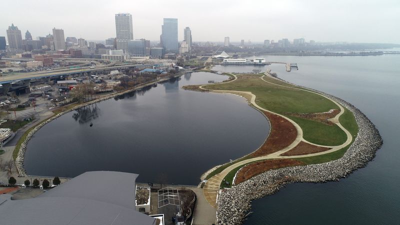 A drone provides an aerial view of Lakeshore State Park and downtown Milwaukee on Monday Nov. 18, 2019.