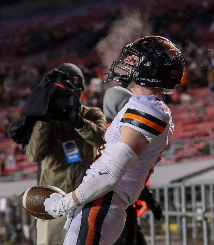 Stratford High School's Coltan Breit (9) reacts after catching a touchdown pass against Wrightstown High School during the WIAA Division 5 state championship game on Thursday, November 21, 2024, at Camp Randall Stadium in Madison, Wis. 
Tork Mason/USA TODAY NETWORK-Wisconsin