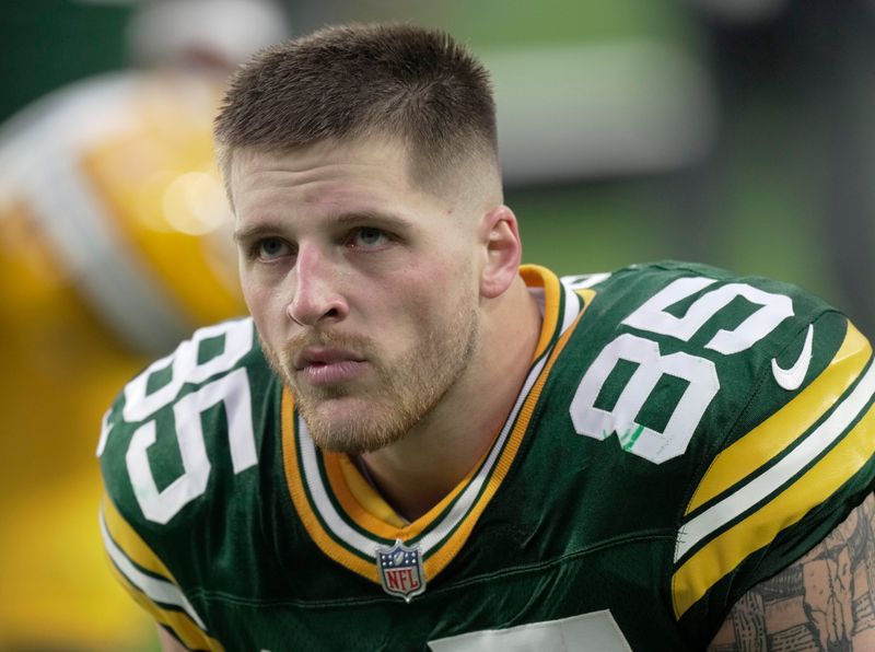 Green Bay Packers tight end Tucker Kraft (85) is shown before their game against the San Francisco 49ers Sunday, November 24, 2024 at Lambeau Field in Green Bay, Wisconsin.