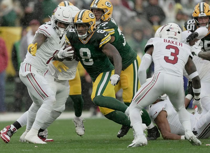 Green Bay Packers running back Josh Jacobs (8) is shown during the first quarter of their game Sunday, Oct. 13, 2024, at Lambeau Field in Green Bay. The Green Bay Packers beat the Arizona Cardinals 34-13.