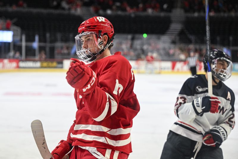 Wisconsin Badgers center Christian Fitzgerald (13) celebrates after scoring a goal in the third period of the championship game of the Kwik Trip Holiday Face-Off on Sunday, December 29, 2024, at Fiserv Forum in Milwaukee, Wisconsin.