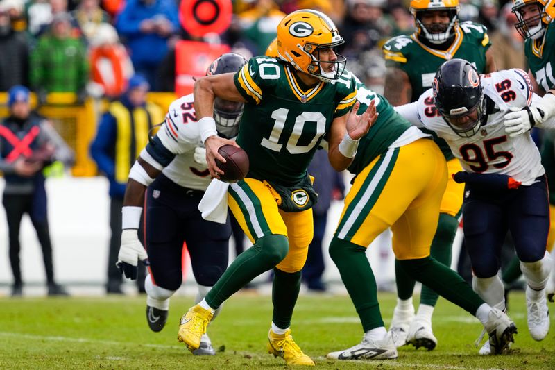 Jan 5, 2025; Green Bay, Wisconsin, USA; Green Bay Packers quarterback Jordan Love (10) scrambles to avoid pressure during the first quarter against the Chicago Bears at Lambeau Field.