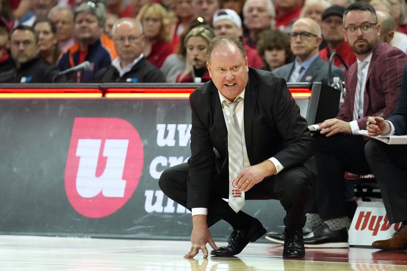 Mar 2, 2024; Madison, Wisconsin, USA; Wisconsin Badgers head coach Greg Gard looks on during a play against the Illinois Fighting Illini in the second half at the Kohl Center. Mandatory Credit: Kayla Wolf-USA TODAY Sports